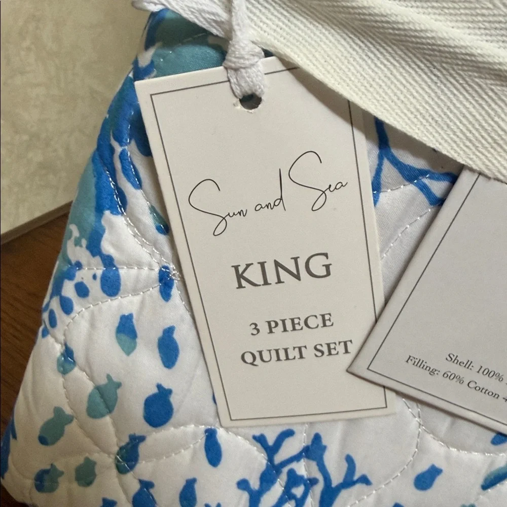 Blue and White Sun & Sea King 3 piece Quilt Set. Turtles and sea motif.
